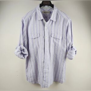Tommy Bahama Shirt Mens XL Multicolor Roll Tab Sleeve Button Up Striped Linen